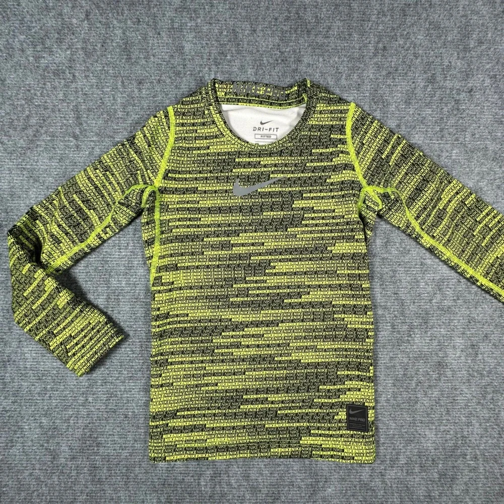 Nike Pro Kids Dri-FIT Compression Shirt Neon Yellow Black Logo Print Small S